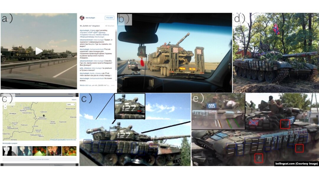 Российский танк с бортовым номером 127/005, сфотографированный сначала в Ростовской области России, а затем в Новоазовске (Донецкая область Украины)
