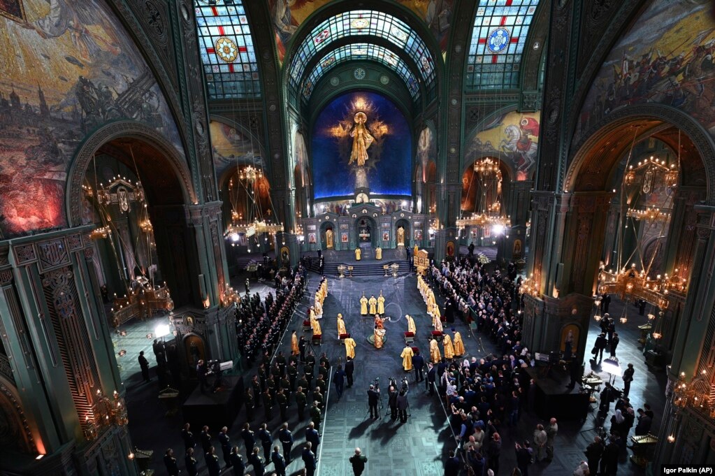 Russian Orthodox Church Patriarch Kirill (center) takes part in the consecration ceremony. The cathedral was built in just under 600 days and was opened on May 9. ​The church was supposed to be paid for entirely through donations, but according to Russian reports almost 3 billion rubles (about $40 million) came from the Kremlin's budget.  