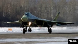 The Sukhoi "fifth-generation" fighter jet makes its maiden test flight.