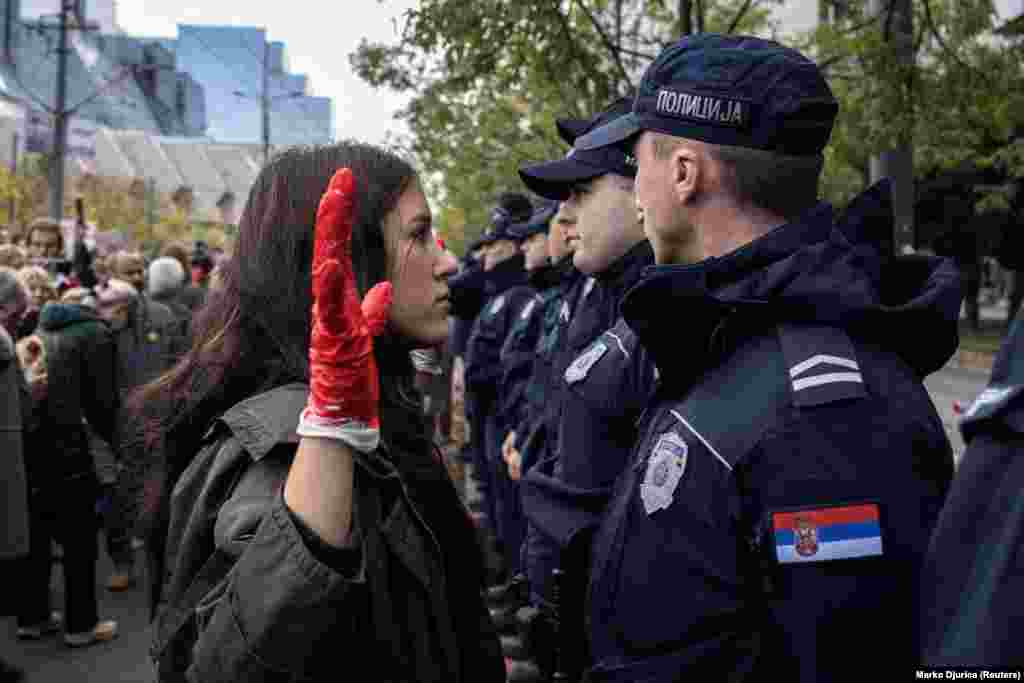 Demonstrators protest in Belgrade after an accident at a railway station in the Serbian city of Novi Sad, for which they blame negligence and corruption by the authorities. Fourteen people died in the tragedy.