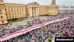 BELARUS – Opposition supporters march through the center of Minsk, August 23, 2020