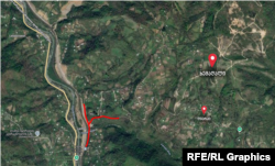 რუკაზე წითელი ხაზებით მონიშნულია მდინარე ყარნებას ჩხერიმელასთან შეერთების ადგილი. ამ ადგილთან ახლოს არის ლაშეს რკინიგზის სადგური.