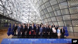 European Union and Western Balkan leaders pose for a group photo during an EU summit in Brussels on June 23. 