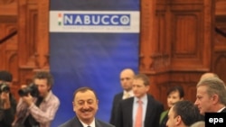 Azerbaijan's President Ilham Aliyev (center) at the opening of the Nabucco summit in Budapest