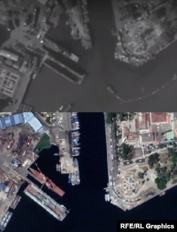 Спутниковый снимок порта Бендер-Энзели, сделанный в августе 2022 года (Google Earth, внизу) и снимок, опубликованный израильской армией в среду, 19 марта.