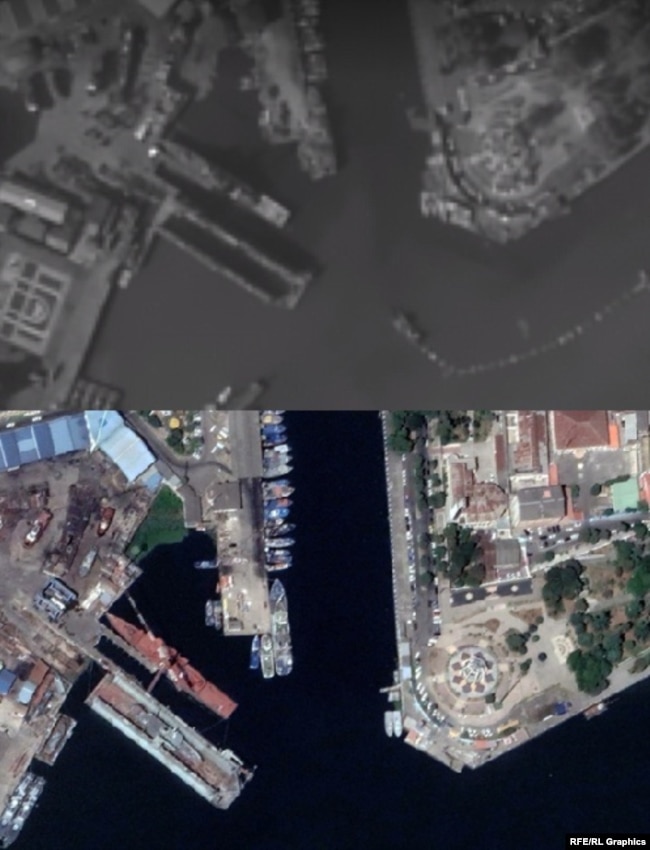 Спутниковый снимок порта Бендер-Энзели, сделанный в августе 2022 года (Google Earth, внизу) и снимок, опубликованный израильской армией в среду, 19 марта.