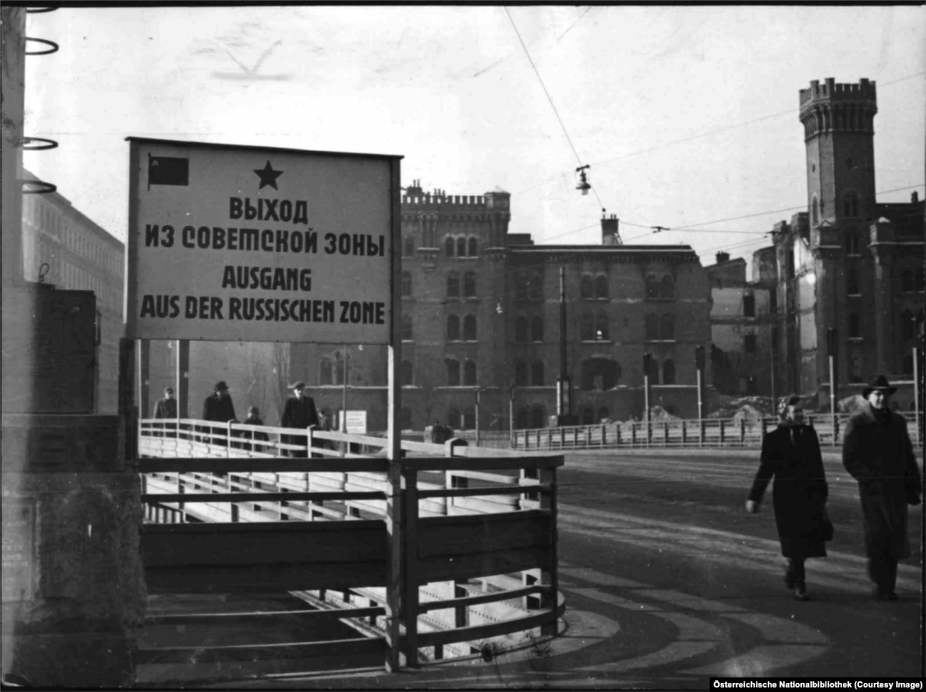 A sign in Russian and German marking the end of the Soviet zone. The center of Vienna was shared collectively by the occupying forces, a bizarre arrangement made famous by a scene in the 1949 film The Third Man, which was written by Graham Greene.