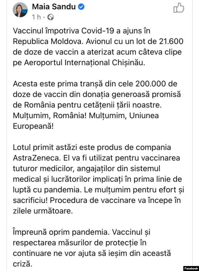 Editorial// Vaccinul AstraZeneca. Cât de sigur este vaccinul promovat de Maia Sandu? 2 Mesajul Maiei Sandu, postat pe Facebook