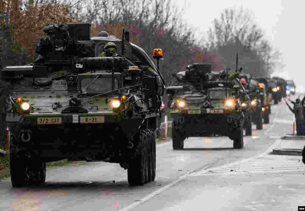 Vehicles of the &quot;Dragoon Ride&quot; on their way to a Czech army barrack in Prague on March 30