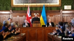 Ukrainian President Volodymyr Zelenskyy delivering a speech to members of the British Parliament in London