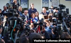Maia Sandu, președinta Republica Moldova, face declarații în ziua votului, 28 septembrie 2025.