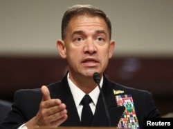 CENTCOM Commander Admiral Brad Cooper testifies before the Senate Armed Services Committee in Washington on May 14.