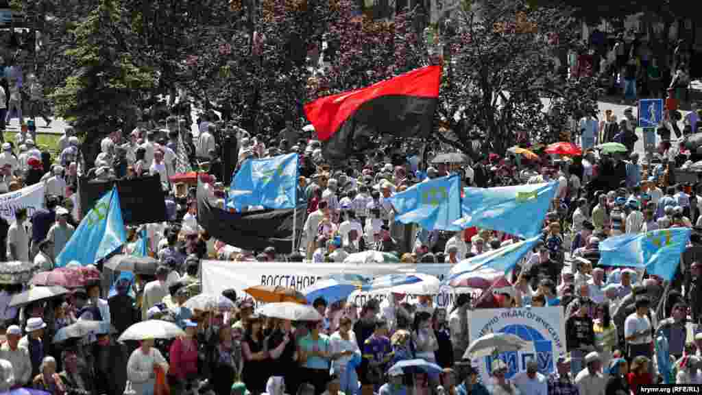 Розмаїття прапорів і символіки на мітингу в річницю депортації кримськотатарського народу 18 травня 2008 року