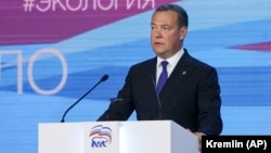Dmitry Medvedev delivers a speech at a United Russia party congress in Moscow in August.
