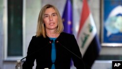 European Union foreign-policy chief Federica Mogherini speaks at a news conference in Baghdad on July 13.