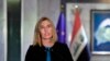 European Union foreign policy chief Federica Mogherini holds a press conference with Iraqi Foreign Minister Mohamed Alhakim after their meeting at the Ministry of Foreign Affairs in Baghdad, Iraq, Saturday, July 13, 2019. (AP Photo/Hadi Mizban)