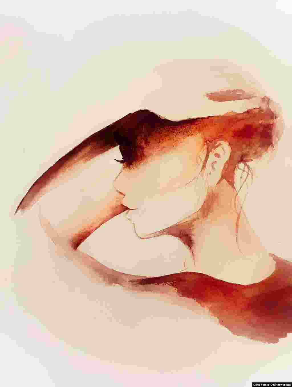 این نقاشی با قهوه طراحی شده و نشان دهنده ای خستگی روحی یک زن ناشی از چالش ها را نشان میدهد.
