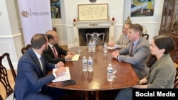 USA - U.S. Assistant Secretary of State Riley Barnes, Armenian Ambassador Narek Mkrtchian and other diplomats meet in Washington, April 16, 2026. 