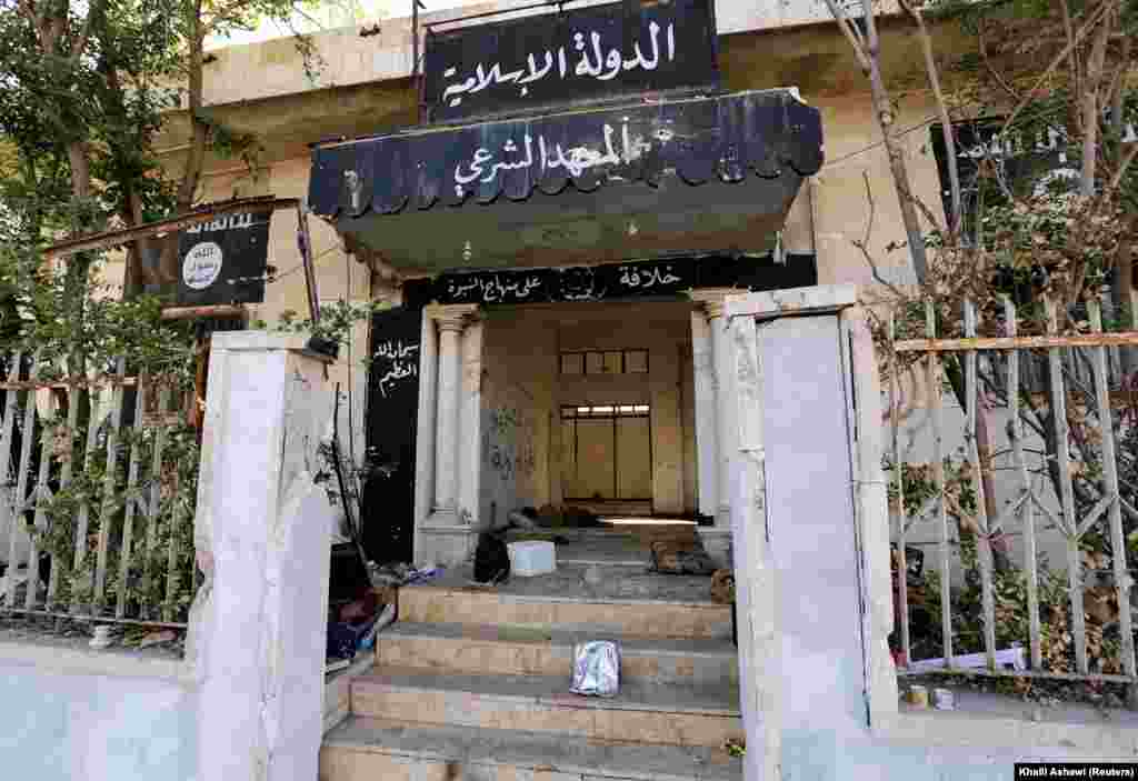 An administrative building formerly used by IS gunmen in the Syrian town of Al-Rai, near Aleppo.