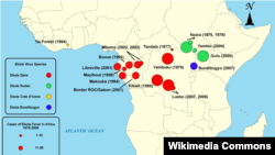 Мапа випадків захворювання «Еболою» в Африці з 1979 по 2008. До цього часу спалахів епідемії цієї хвороби у Західній Африці не було