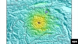 Tajikistan -- An intensity shake map released by the US Geological Survey (USGS) shows the location where a preliminary 7.2 magnitude earthquake struck near Karakul, west of Murghob, December 7, 2015