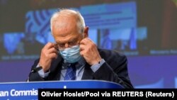 European High Representative of the Union for Foreign Affairs, Josep Borrell, is seen during a video press conference on May 26, 2020