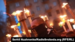 Marchers in Kyiv on October 14 marking the 75th anniversary of the founding of the UPA.