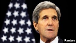 Բելգիա - ԱՄՆ պետքարտուղար Ջոն Քերրին հայտարարությամբ է հանդես գալիս «Իսլամական պետության» դեմ պայքարին նվիրված հանդիպումից հետո, Բրյուսել, 3-ը դեկտեմբերի, 2014թ. 