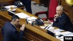Спикер парламента Владимир Рыбак (справа) и лидер оппозиции Виталий Кличко. Киев, 6 февраля 2014 года.