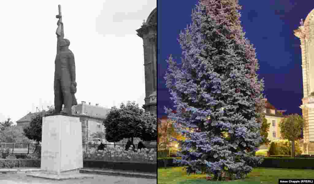 Gyor, 1969-2019 Memorialul celui de-al Doilea Război Mondial, ridicat fața clădirii Consiliului Orășenesc din Gyor, reprezentând soldatul sovietic cu arma ridicată în sus (stânga). În 1990, monumentul a fost mutat într-un cimitir din oraș și înlocuit cu un brad.&nbsp; Foto: Fortepan/ Uvaterv, 1969