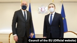 Georgian Prime Minister Irakli Gharibashvili (right) meets with European Council President Charles Michel in Tbilisi on March 1.
