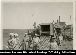 A permitted photograph taken by Williams on an official tour of a collective farm in August 1933. According to Whiting, many of these workers were drafted in from Soviet cities to help with gathering crops in Ukraine as so many local peasants had either died from starvation or were too malnourished to work. Whiting was confidentially told that the poor rations they received meant that many of these "volunteer" harvesters became seriously ill and some never recovered. (Whiting Williams Photographs/Western Reserve Historical Society)