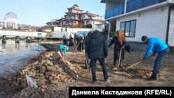 Activists remove grass that they believe was purposely planted on a beach in Rosenets Park in an effort to cement its status as "agricultural land."