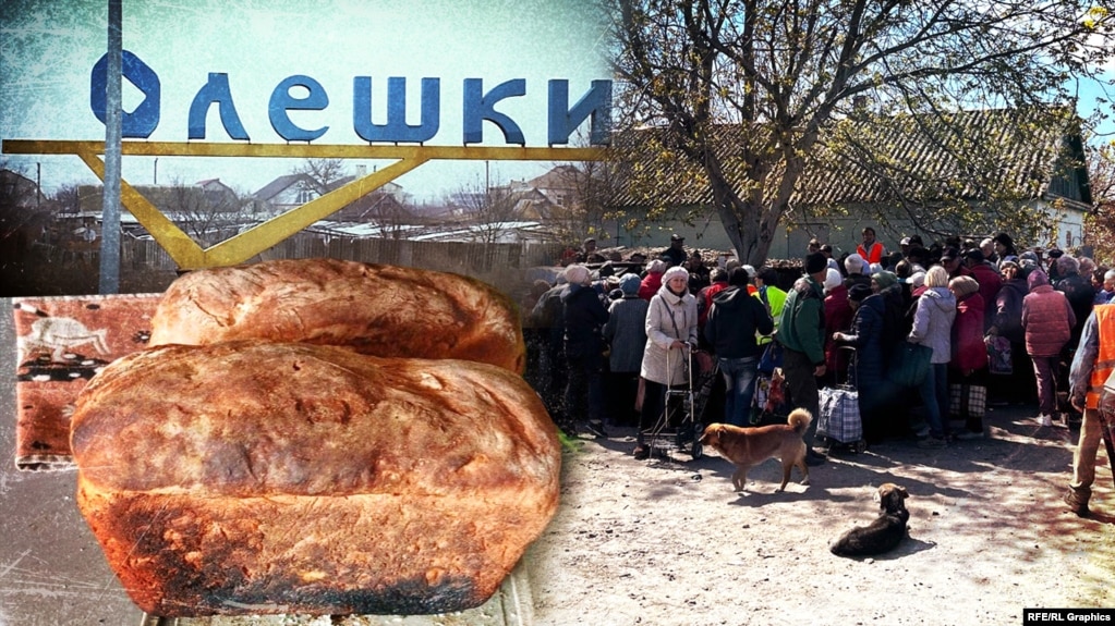 Колаж. Хліб спечений на Великдень. Позаду черга за продуктами, завезеними волонтерами