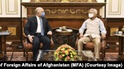 Afghan Foreign Minister Mohammad Haneef Atmar and his Indian counterpart, Subrahmanyam Jaishankar, discuss the expansion of bilateral relations on March 9.