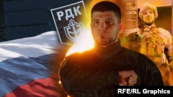 Денис Капустин, флаг Росии и шеврон РДК, коллаж