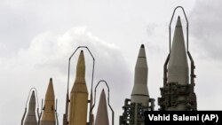 IRAN -- A group of domestically built surface-to-surface missiles are displayed at a military show marking the 40th anniversary of Iran's Islamic Revolution that toppled the U.S.-backed shah, at Imam Khomeini Grand Mosque, in Tehran, February 3, 2019