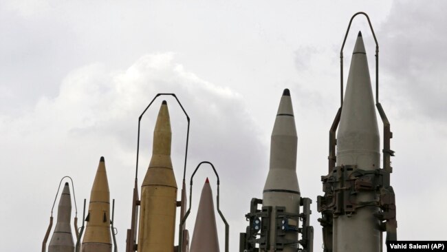 IRAN -- A group of domestically built surface-to-surface missiles are displayed at a military show marking the 40th anniversary of Iran's Islamic Revolution that toppled the U.S.-backed shah, at Imam Khomeini Grand Mosque, in Tehran, February 3, 2019