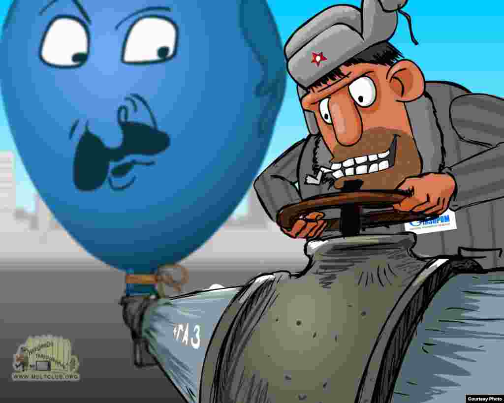 A still image from an animation satirizing the winter energy crisis in which Russia's gas monopoly Gazprom shut off supplies to its neighbors, threatening the gas-inflated authority of Belarusian President Alyaksandr Lukashenka. See the full animation by Aleh Minich and Pavel Marozau here.