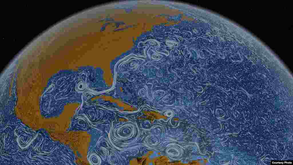 An image from NASA&#39;s &quot;Perpetual Oceans&quot; project showing currents, gyres, and eddies of the world&#39;s oceans. (courtesy of NASA/SVS)