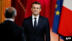 French President Emmanuel Macron is shown at his formal inauguration ceremony in Paris on May 14