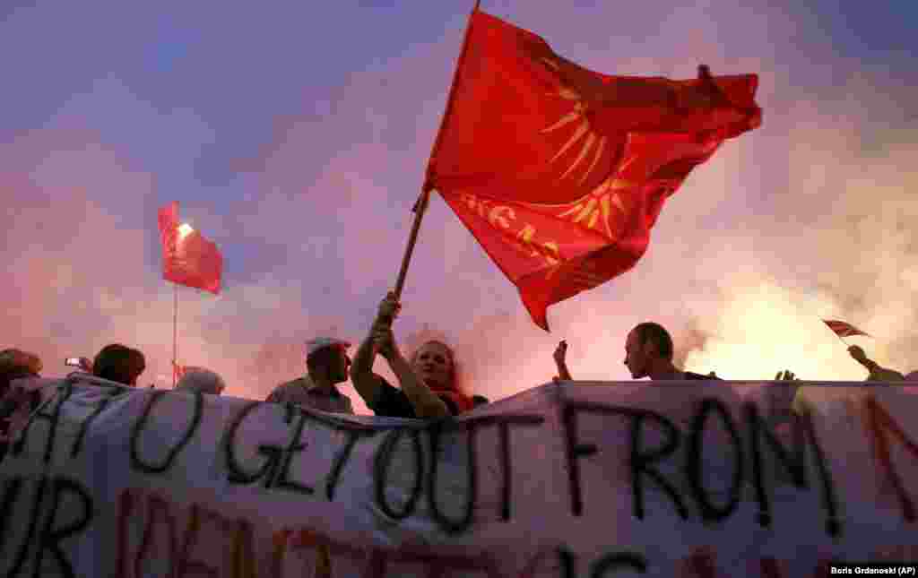 Macedonians rally in Skopje against a proposal to change their country&#39;s official name to Republic of North Macedonia. (AP/Boris Grdanovski)