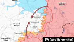 Мапа ISW, на якій позначено напрямок наступу – ймовірний задум Росії з повної окупації Донбасу