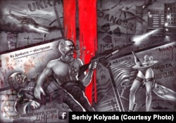 Малюнок українського митця Сергія Коляди, що складається з багатьох зображень, деякі з них натякають на війну між Україною та підтримуваними Росією бойовиками на сході України is a ballpoint pen. -- Kolyada -- Kozak rescues grandson 2014.2018