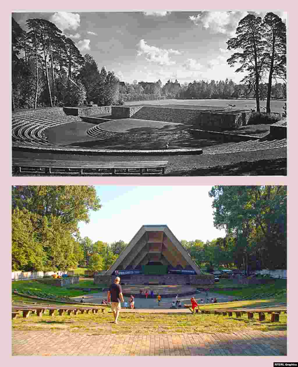 Советск (ранее – Тильзит), Зеленый театр (ранее – Тинг) Тинги – амфитеатры в форме подковы, предназначенные для собраний патриотической молодежи Третьего рейха. Нацистское министерство пропаганды планировало построить по всей стране 1200 тингов, на деле было возведено 40. Тильзитский тинг появился в 1935 году. Тинги находились на открытых площадках, визуально включавших в себя окрестные пейзажи. Сцена, возведенная в послевоенные годы, лишила тинг в Советске именно этой черты. Зато современный лозунг справа, гласящий «Сильная Россия – Единая Россия» как раз очень точно соответствует изначальному духу места. 
