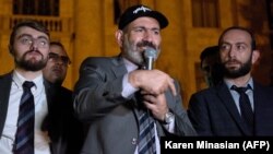 ARMENIA -- Armenian Prime Minister Nikol Pashinian addresses supporters during a rally outside the parliament building in Yerevan early, October 3, 2018