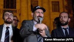 ARMENIA -- Prime Minister Nikol Pashinian addresses supporters during a rally outside the parliament building in Yerevan early, October 3, 2018