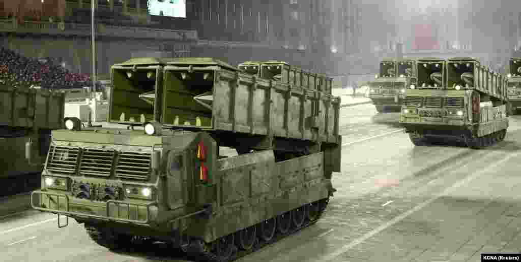 KN-24 systems pictured during a parade in Pyongyang in January 2021.KN-24s are reportedly able to “pull up” near the final phase of flight to orient and evade air defense systems. The missiles are believed to carry warheads of 400-500 kilograms.