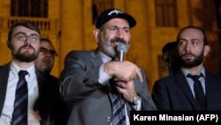 ARMENIA -- Armenian Prime Minister Nikol Pashinian (center) addresses supporters during a rally outside the parliament building in Yerevan early, October 3, 2018