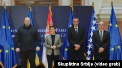 Predsednica Skupštine Srbije Ana Brnabić i predsednik ukrajinskog parlamenta, Vrhovne Rade, Ruslan Stefančuk (prvi s leva), Beograd, 8. jul 2026.